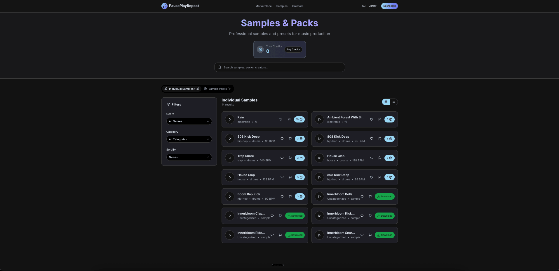 Sample pack browser with individual audio previews and waveform players