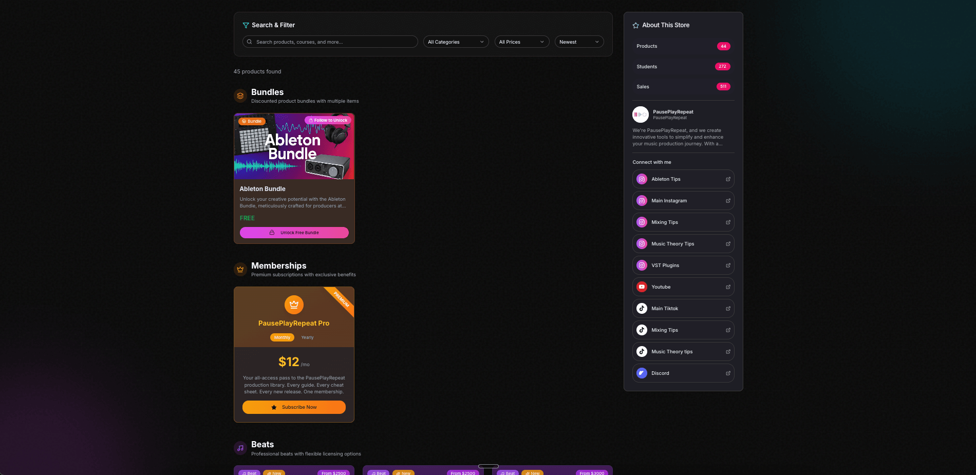 A creator storefront on PausePlayRepeat — dark hero banner, product grid, and stats sidebar